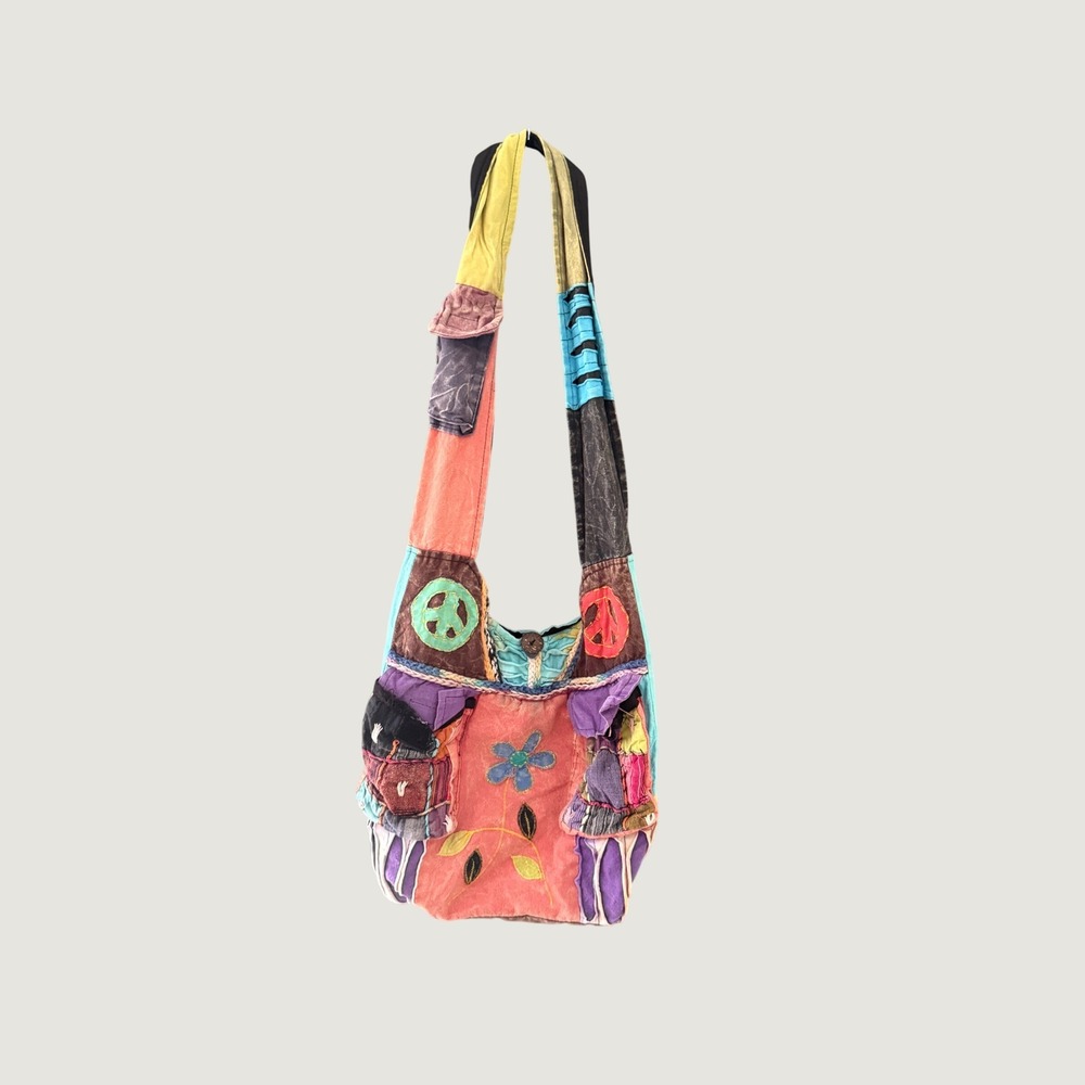 Rising International Patchwork Peace Sign Boho Crossbody Bag Nepal Cotton Multi